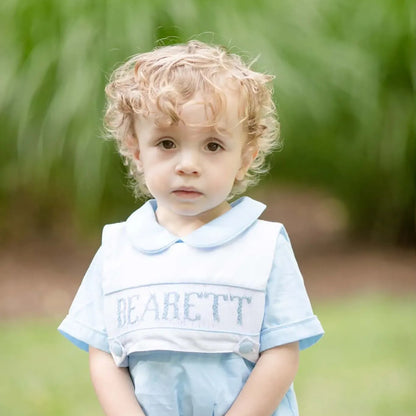 Blue Reversible Bib Name Smocked Short Set