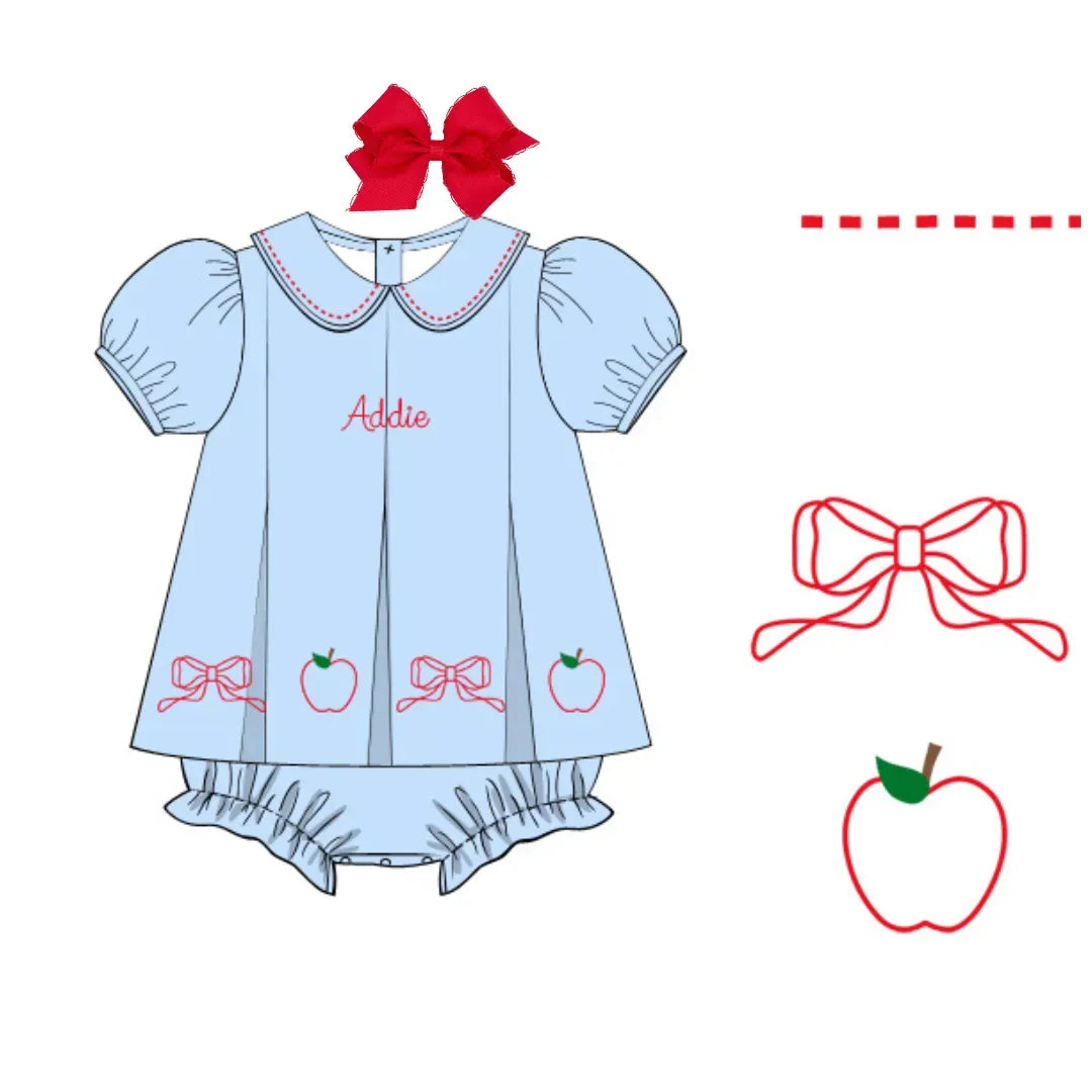 EMBROIDERED APPLE & BOW SKIRTED PLEATED BUBBLE