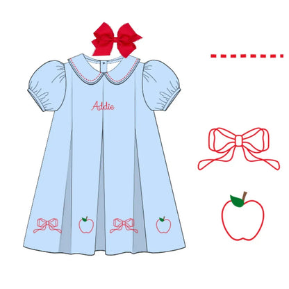 EMBROIDERED APPLE & BOW PLEATED DRESS