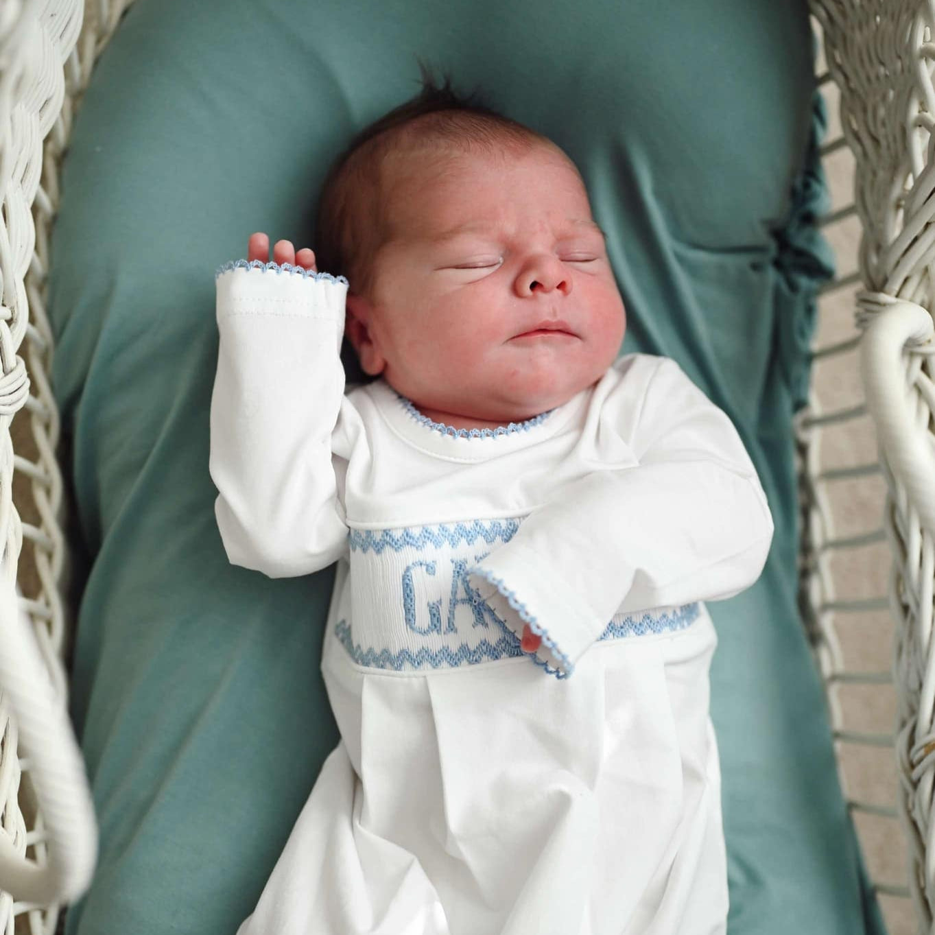 newborn smock dress Boys Blue & White Name Smocked Infant Knit Gown NB