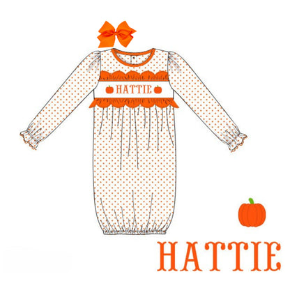 GIRLS BITTY DOT PUMPKIN NAME SMOCKED GOWN