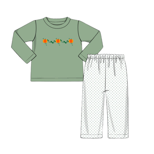 BOYS GREEN BITTY DOT PUMPKIN VINE PANT SET