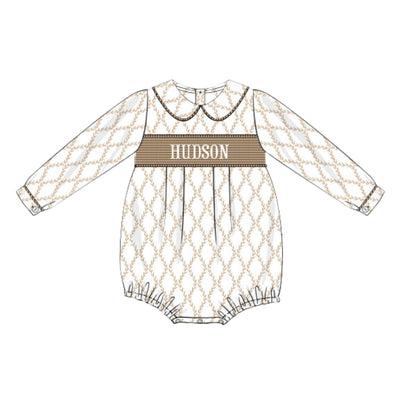 BOYS BROWN TRELLIS & GINGHAM NAME SMOCK BUBBLE
