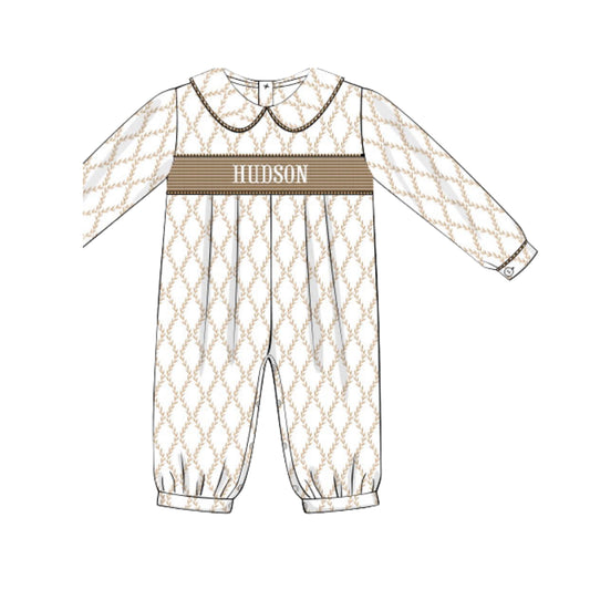 BOYS BROWN TRELLIS & GINGHAM NAME SMOCK ROMPER