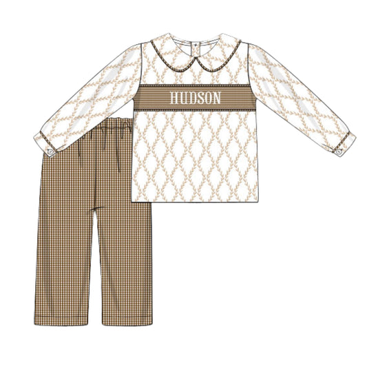 BOYS BROWN TRELLIS & GINGHAM NAME SMOCK PANT SET
