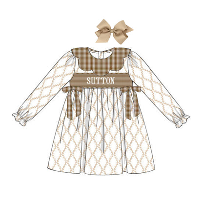 BROWN TRELLIS & GINGHAM NAME SMOCK DRESS
