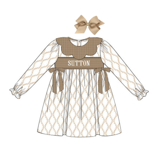 BROWN TRELLIS & GINGHAM NAME SMOCK DRESS