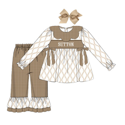 GIRLS BROWN TRELLIS & GINGHAM NAME SMOCK PANT SET