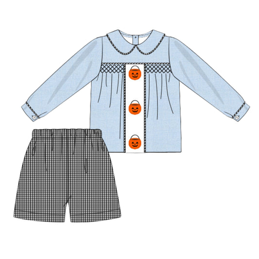 BOYS BLUE SMOCKED PUMPKINS PETER PAN COLLAR SET