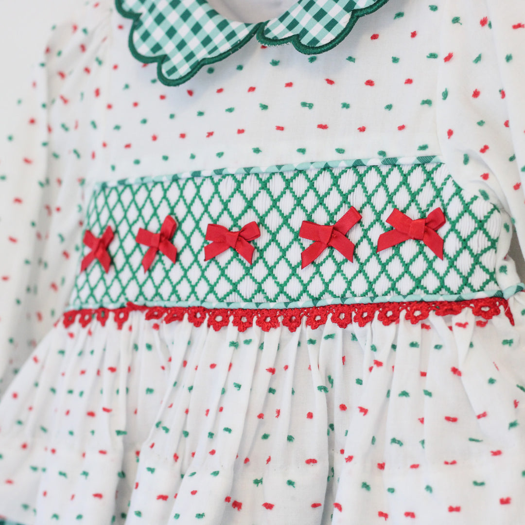 SWISS DOT GEOMETRIC SMOCKED & BOWS DIAPER SET