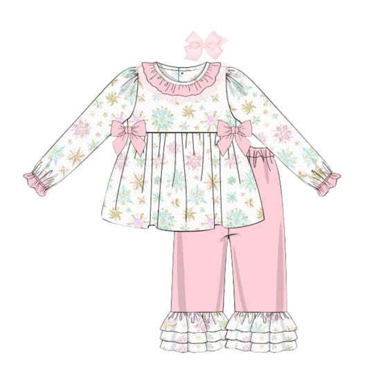 GIRLS SNOWFLAKES & LACE RUFFLE PANT SET
