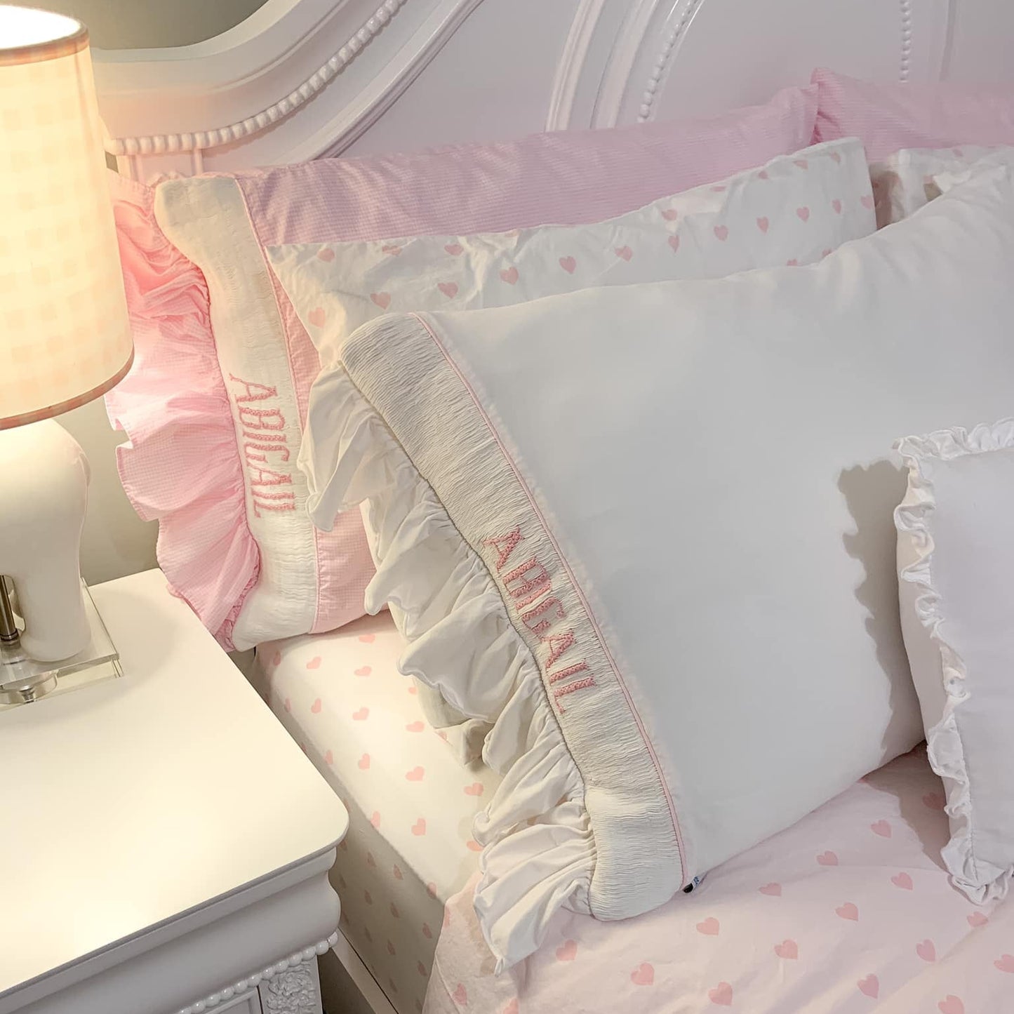 White with Pink Ruffled Name Smocked Standard Pillow Case