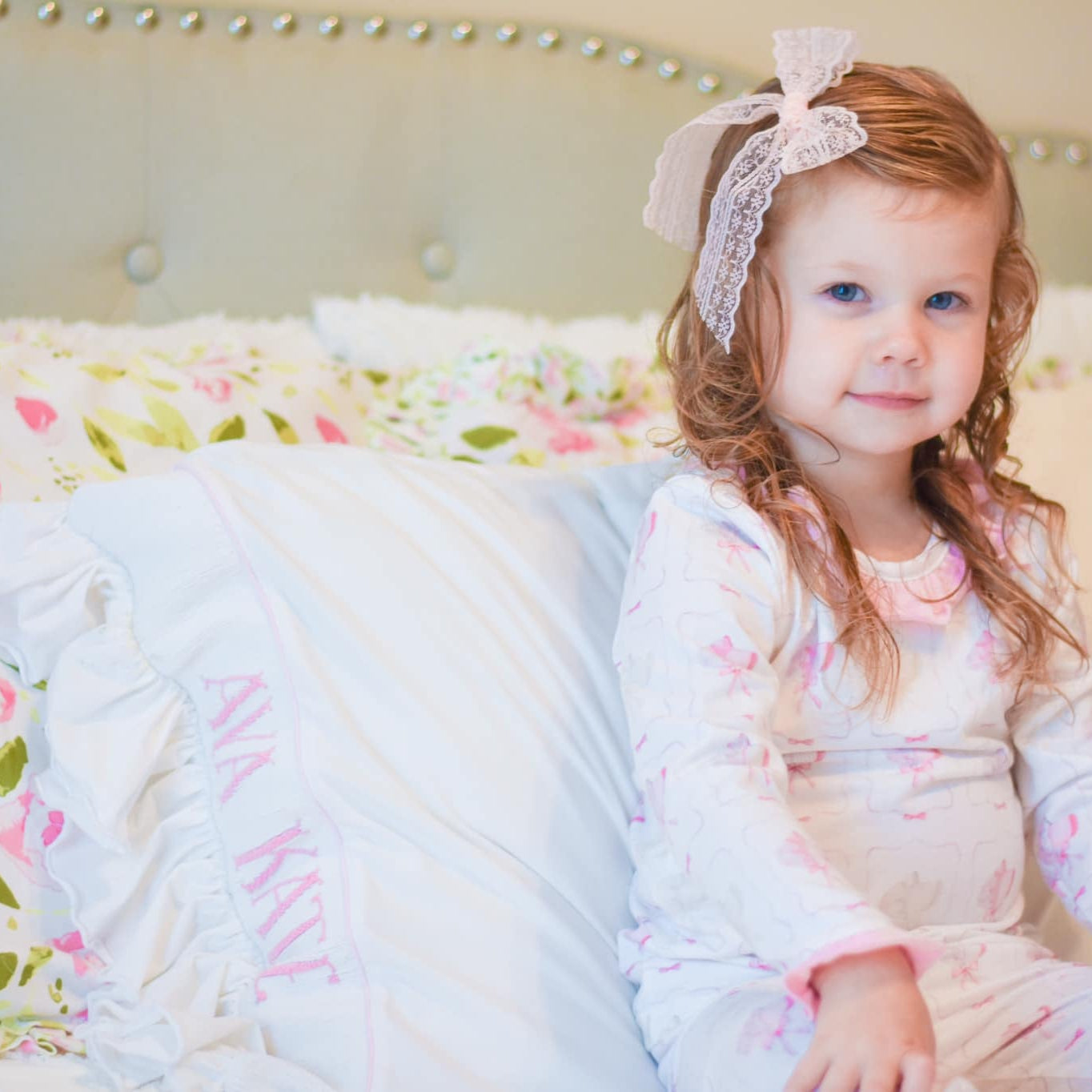 White with Pink Ruffled Name Smocked Standard Pillow Case
