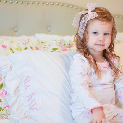 White with Pink Ruffled Name Smocked Standard Pillow Case