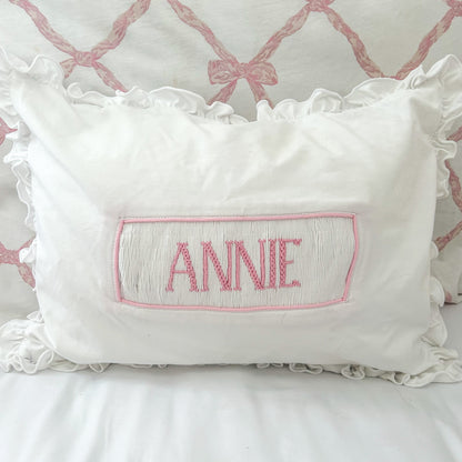 White with Pink Ruffled Name Smocked Infant Pillow Case