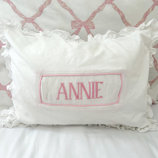 White with Pink Ruffled Name Smocked Infant Pillow Case