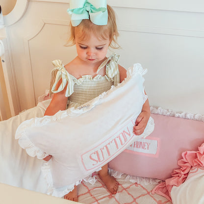 White with Pink Ruffled Name Smocked Infant Pillow Case