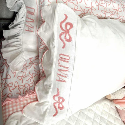 Pink Bows Scalloped Name Smocked Standard Pillow Case