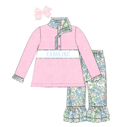 Weslie Floral Name Smocked Fleece Pant Set