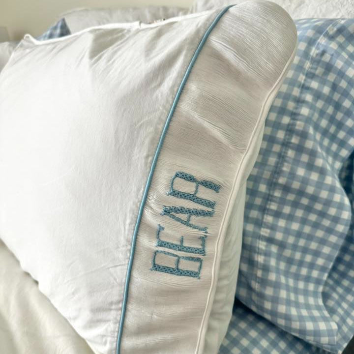 White with Blue Name Smocked Standard Pillow Case