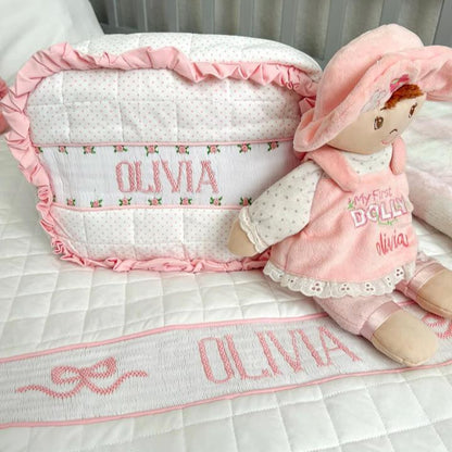 PINK BITTY DOT ROSETTE NAME SMOCKED LUGGAGE