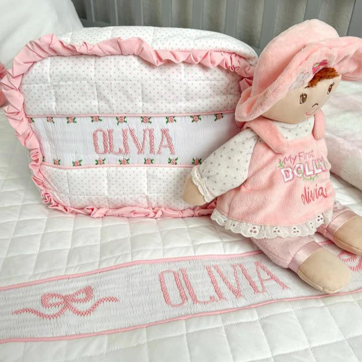 PINK BITTY DOT ROSETTE NAME SMOCKED LUGGAGE