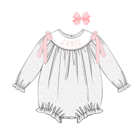 PINK SWISS DOT NAME SMOCKED BISHOP BUBBLE