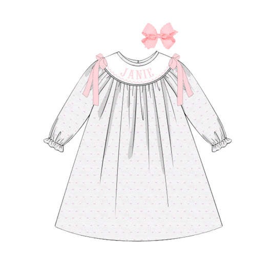 PINK SWISS DOT NAME SMOCKED BISHOP DRESS