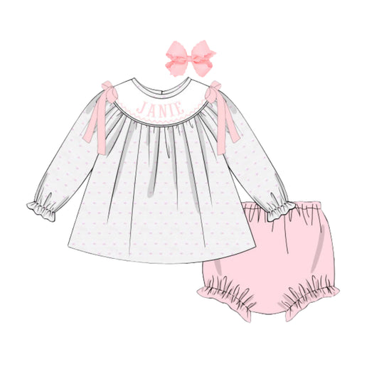 PINK SWISS DOT NAME SMOCKED BISHOP DIAPER SET