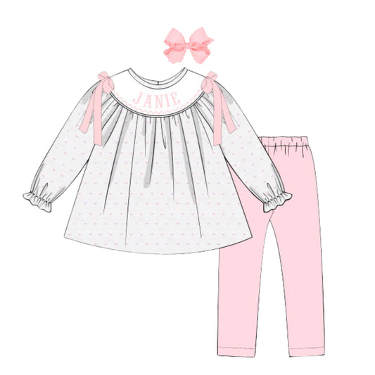PINK SWISS DOT NAME SMOCKED BISHOP LEGGING SET