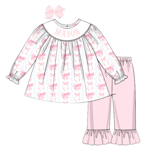 SQUIGGLE BOWS NAME SMOCKED PANT SET