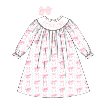 SQUIGGLE BOWS NAME SMOCKED BISHOP DRESS
