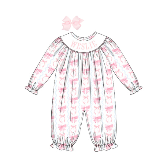 SQUIGGLE BOWS NAME SMOCKED BISHOP ROMPER