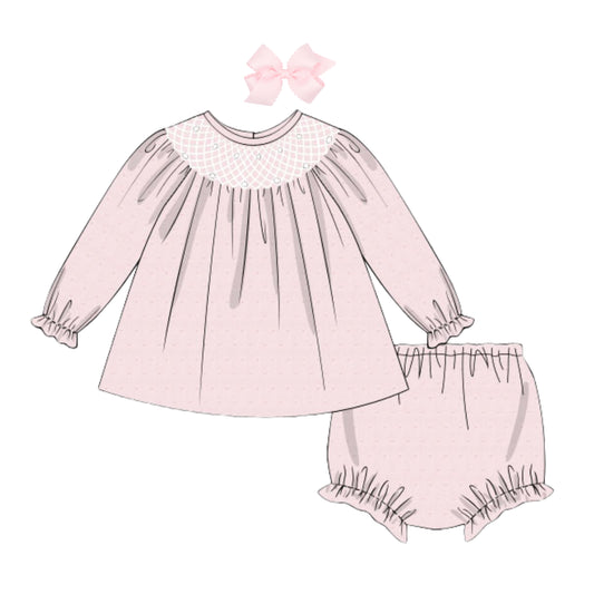PINK SWISS DOT PEARL GEOMETRIC SMOCKED DIAPER SET