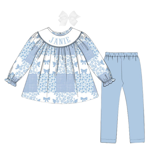 BLUE PATCHWORK NAME SMOCKED BISHOP LEGGING SET