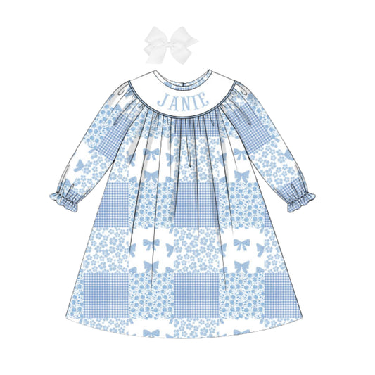 BLUE PATCHWORK  NAME SMOCKED BISHOP DRESS
