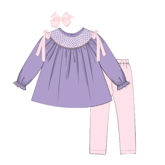 PURPLE & PINK GEOMETRIC SMOCKED LEGGING SET