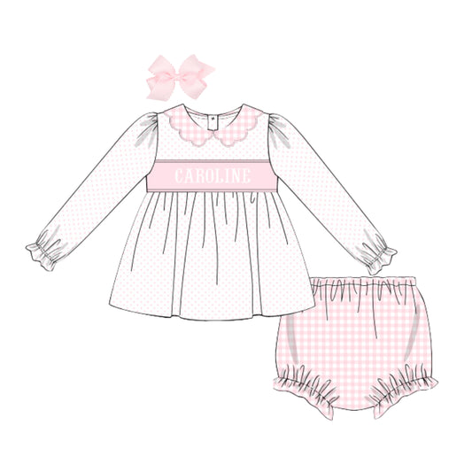PINK BITTY DOT & GINGHAM NAME SMOCKED DIAPER SET