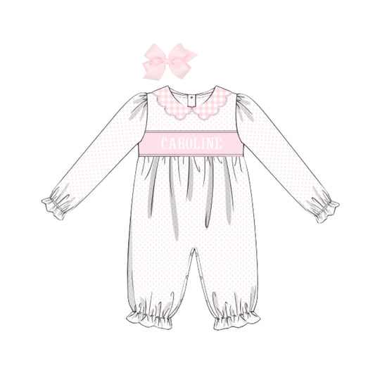 PINK BITTY DOT & GINGHAM NAME SMOCKED ROMPER