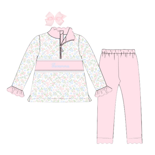 PASTEL FLORAL & BOWS NAME SMOCKED 1/4 ZIP SET