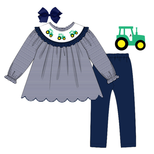 GIRLS NAVY SMOCKED TRACTORS LEGGING SET