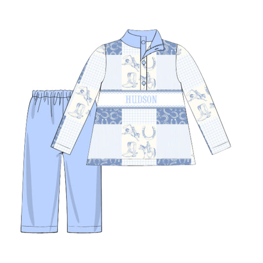 BOYS COWBOY PATCHWORK NAME SMOCKED PULLOVER SET