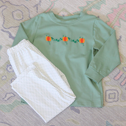 BOYS GREEN BITTY DOT PUMPKIN VINE PANT SET