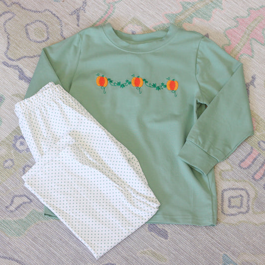 BOYS GREEN BITTY DOT PUMPKIN VINE PANT SET
