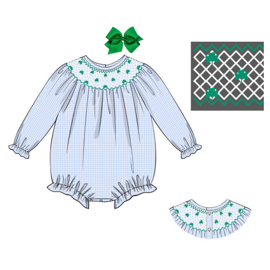 BLUE GINGHAM GEOMETRIC SMOCKED SHAMROCKS BISHOP BUBBLE