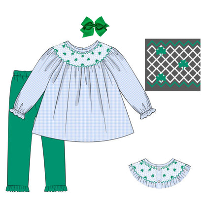 BLUE GINGHAM GEOMETRIC SMOCKED SHAMROCKS LEGGING SET