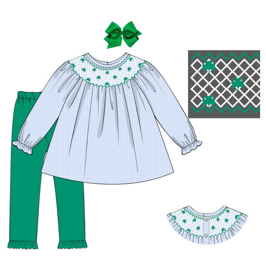 BLUE GINGHAM GEOMETRIC SMOCKED SHAMROCKS LEGGING SET