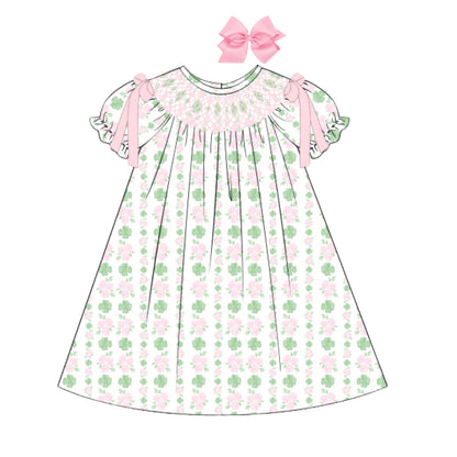 PINK SHAMROCK TRELLIS GEOMETRIC SMOCKED BISHOP DRESS