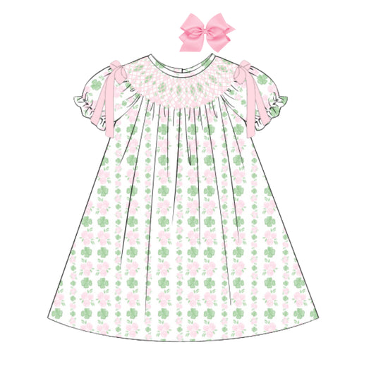 PINK SHAMROCK TRELLIS GEOMETRIC SMOCKED BISHOP DRESS