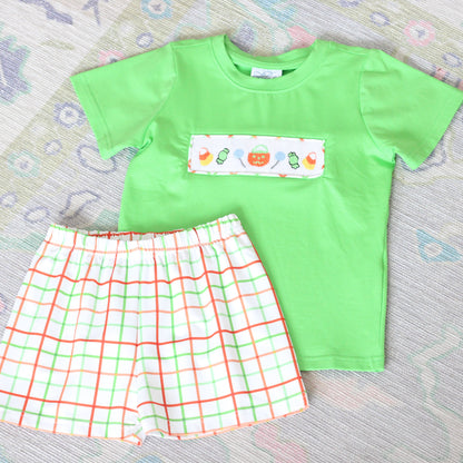 BOYS SMOCKED HALLOWEEN CANDY SHORT SET